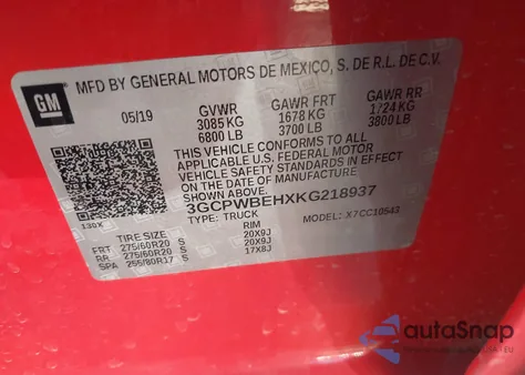 2019 Chevrolet Silverado 1500 Custom from USA, damaged, VIN 3GCPWBEHXKG218937